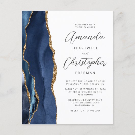 Budget Navy Blue Gold Agate Wedding Invitation (Voorkant)