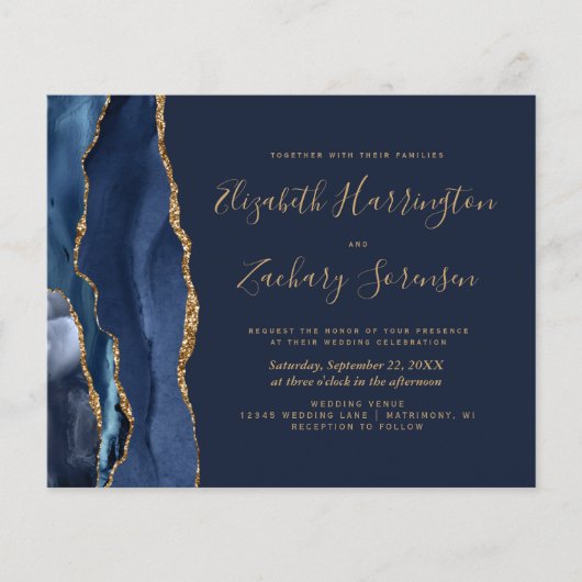 Budget Navy Blue Gold Agate Wedding Invitation (Voorkant)