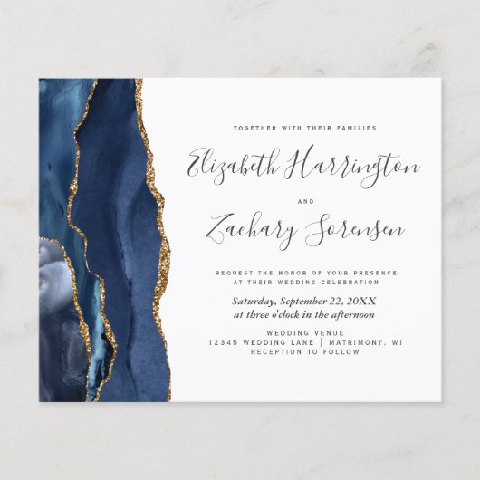 Budget Navy Blue Gold Agate Wedding Invitation (Voorkant)