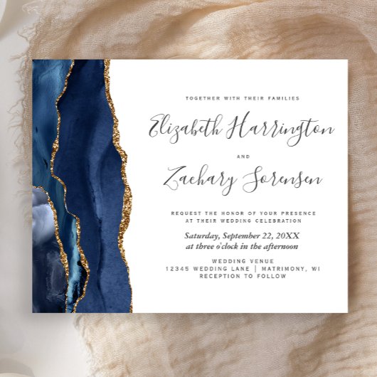 Budget Navy Blue Gold Agate Wedding Invitation
