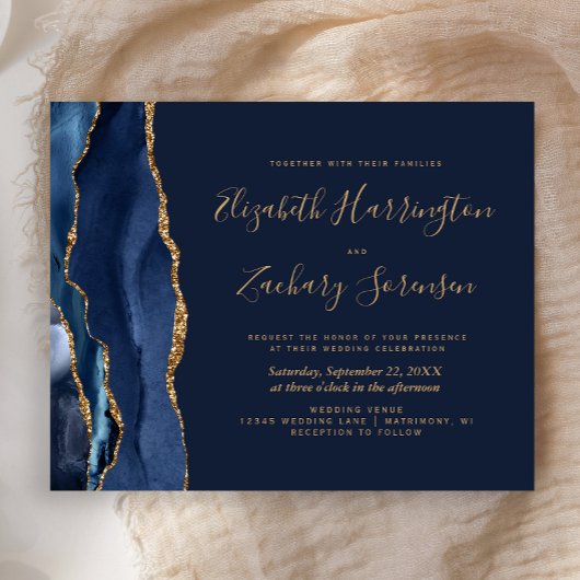 Budget Navy Blue Gold Agate Wedding Invitation