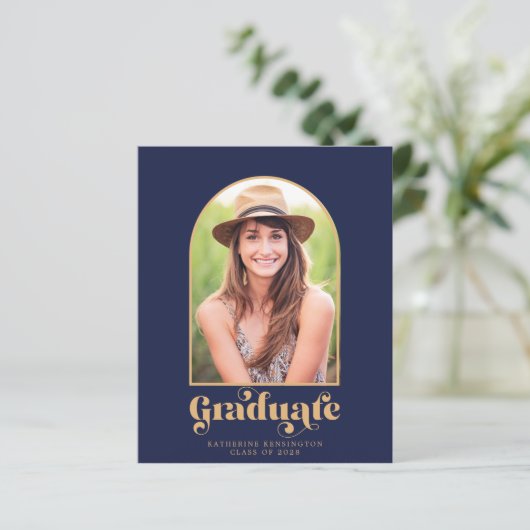 Budget Navy Blue Gold Arch Foto Graduparty (Staand voorkant)