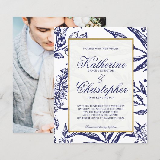 BUDGET Navy Blue Gold Botanical Photo Wedding (Voorkant / Achterkant)