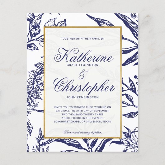 BUDGET Navy Blue Gold Botanical Photo Wedding (Voorkant)