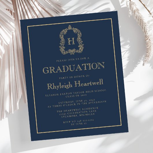 Budget Navy Blue Gold Crest Graduation Party