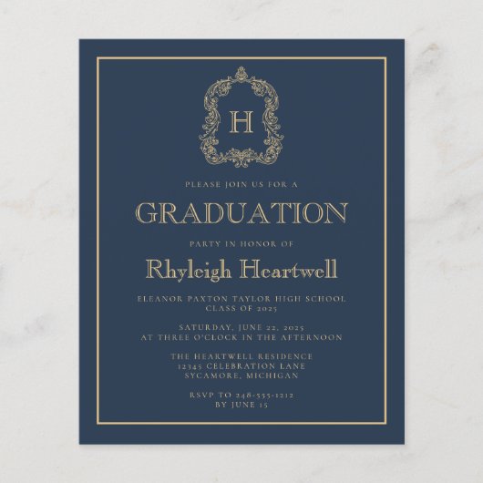 Budget Navy Blue Gold Crest Graduation Party (Voorkant)