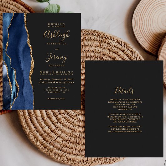 Budget Navy Blue Gold Dark Wedding Details Uitnodi