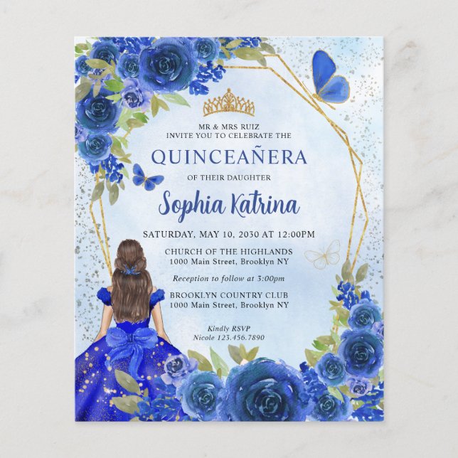 Budget Navy Blue Gold Floral Princess Quinceañera (Voorkant)