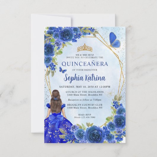 Budget Navy Blue Gold Floral Princess Quinceañera Notitiekaartje (Voorkant)