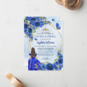 Budget Navy Blue Gold Floral Princess Quinceañera Notitiekaartje (Voorkant / Achterkant in situ)