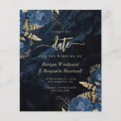 Budget Navy Blue Gold Floral Wedding Save the Date (Voorkant)