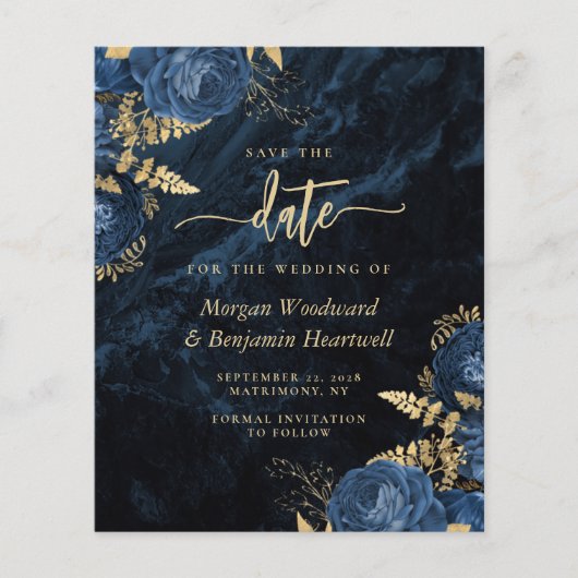 Budget Navy Blue Gold Floral Wedding Save the Date (Voorkant)