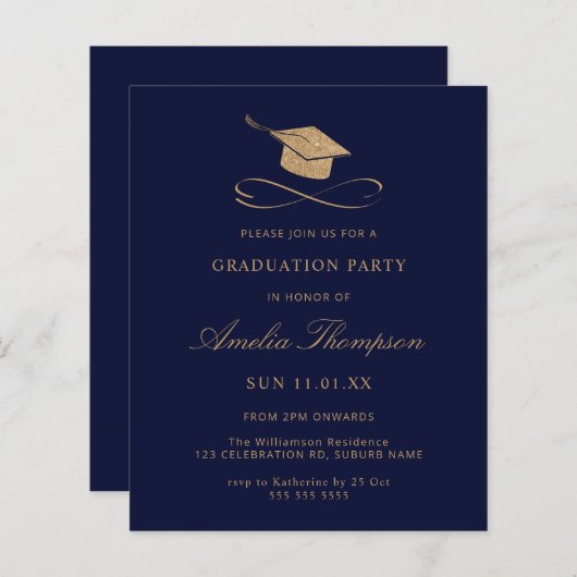 Budget Navy Blue & Gold Glitter Afstuderen Invite (Voorkant / Achterkant)