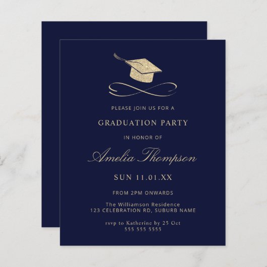 Budget Navy Blue & Gold Glitter Afstuderen Invite (Voorkant / Achterkant)