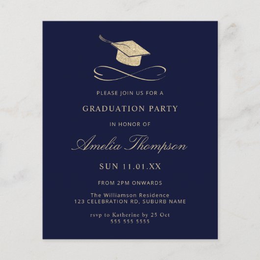 Budget Navy Blue & Gold Glitter Afstuderen Invite (Voorkant)