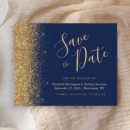 Budget Navy Blue Gold Glitter Save the Date