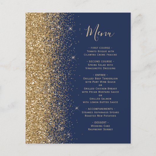 Budget Navy Blue Gold Glitter Wedding Menu (Voorkant)