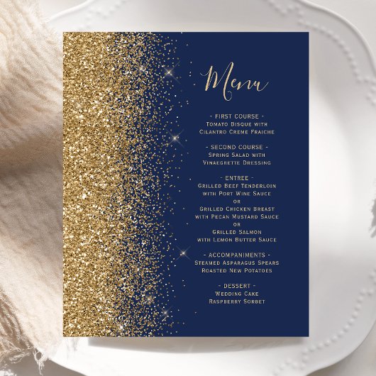 Budget Navy Blue Gold Glitter Wedding Menu