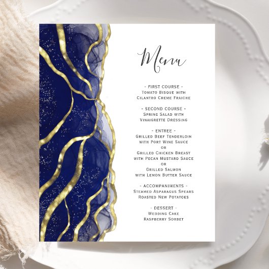 Budget Navy Blue Gold Ink Wedding Menu