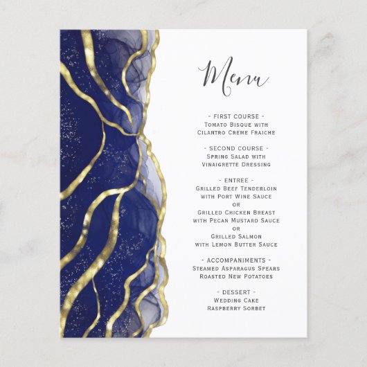 Budget Navy Blue Gold Ink Wedding Menu (Voorkant)