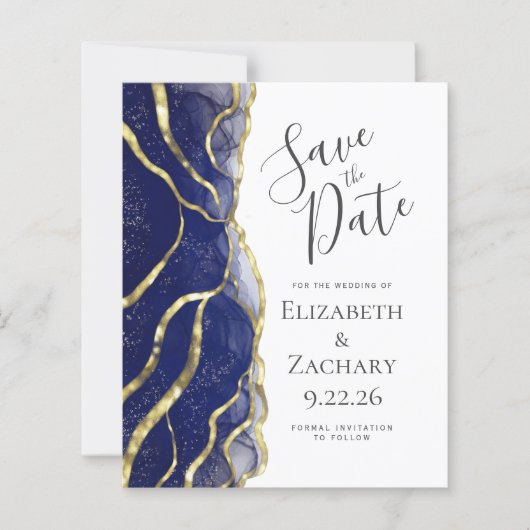 Budget Navy Blue Gold Ink Wedding Save the Date (Voorkant)