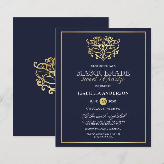 Budget Navy Blue & Gold Masquerade Sweet 16 Party (Voorkant / Achterkant)
