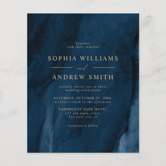 BUDGET Navy Blue & Gold Minimal Weduwen-uitnodigin (Voorkant)