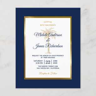 Budget Navy Blue Gold Palm Tree Weduwen Uitnodigin