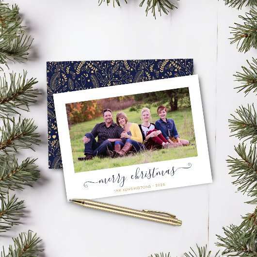 BUDGET Navy Blue Gold Script-kerstfoto