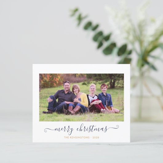 BUDGET Navy Blue Gold Script-kerstfoto (Staand voorkant)