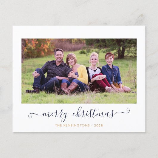BUDGET Navy Blue Gold Script-kerstfoto (Voorkant)