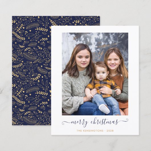 BUDGET Navy Blue Gold Script Merry kerstfoto (Voorkant / Achterkant)