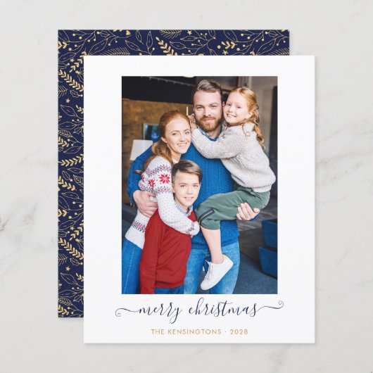 BUDGET Navy Blue Gold Script Merry Kerstmis (Voorkant / Achterkant)