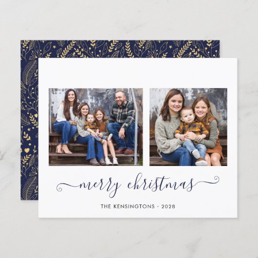 BUDGET Navy Blue Gold Script Merry Kerstmis (Voorkant / Achterkant)