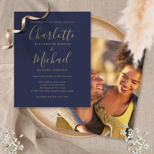 Budget Navy Blue Gold Script Photo Weduwen Invite