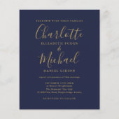 Budget Navy Blue Gold Script Photo Weduwen Invite (Voorkant)