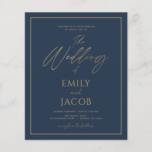 Budget Navy Blue Gold Wedding Script Flyer (Voorkant)