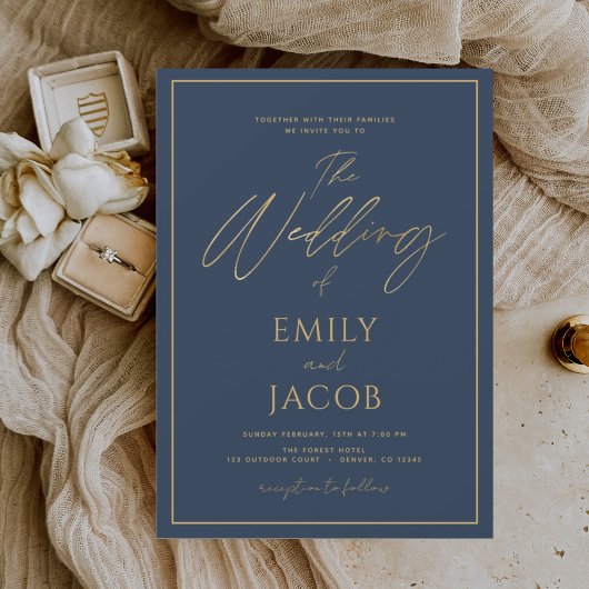 Budget Navy Blue Gold Wedding Script Flyer