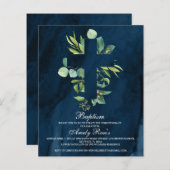 Budget Navy Blue & Leaves Cross Baptism Invitation (Voorkant / Achterkant)