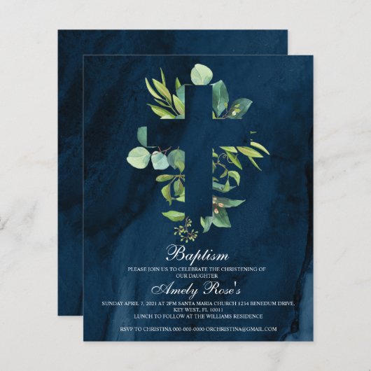 Budget Navy Blue & Leaves Cross Baptism Invitation (Voorkant / Achterkant)