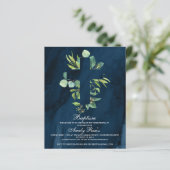 Budget Navy Blue & Leaves Cross Baptism Invitation (Staand voorkant)