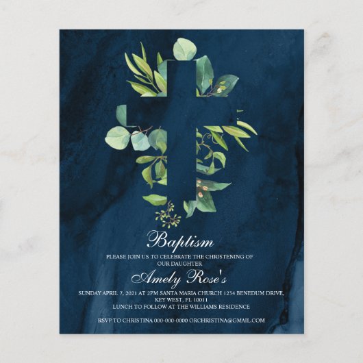 Budget Navy Blue & Leaves Cross Baptism Invitation (Voorkant)