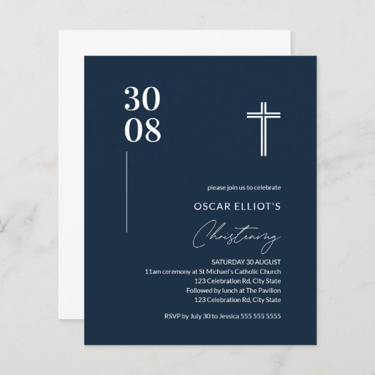 Budget Navy Blue Minimalist Boy Christening Invite (Voorkant / Achterkant)