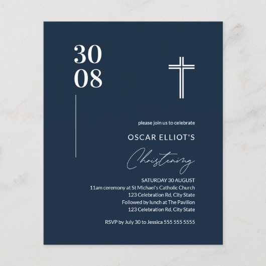 Budget Navy Blue Minimalist Boy Christening Invite (Voorkant)
