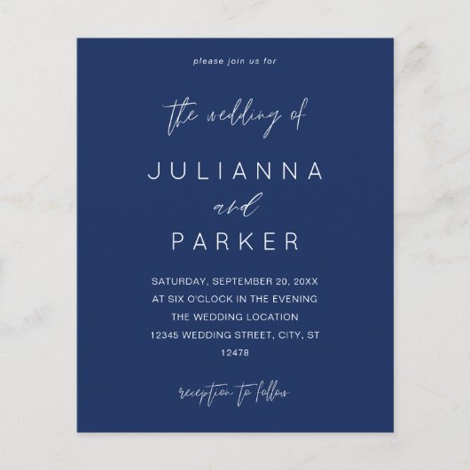 Budget Navy Blue MOD Calligraphy Wedding Flyer (Voorkant)