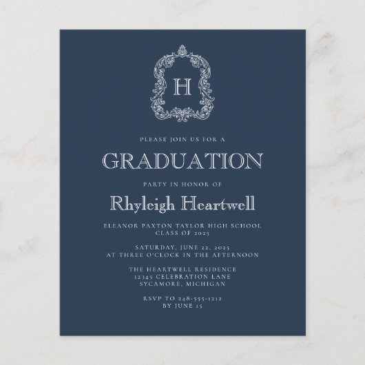 Budget Navy Blue Monogram Crest Graduation Party (Voorkant)