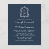 Budget Navy Blue Monogram Crest Wedding Uitnodigin (Voorkant)