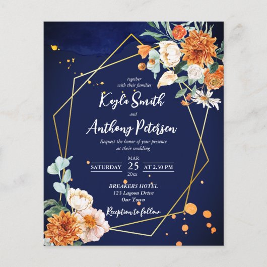 Budget navy blue oranje witte rozen bruiloft nodig (Voorkant)