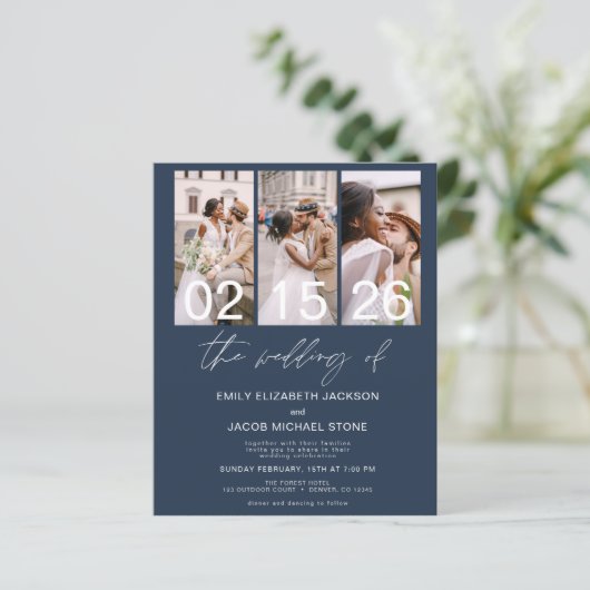 Budget Navy Blue Photo Wedding Invitation (Staand voorkant)