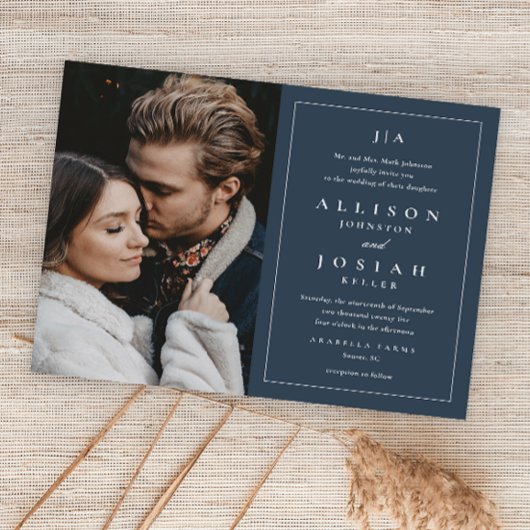 Budget Navy Blue Photo Wedding Invitation